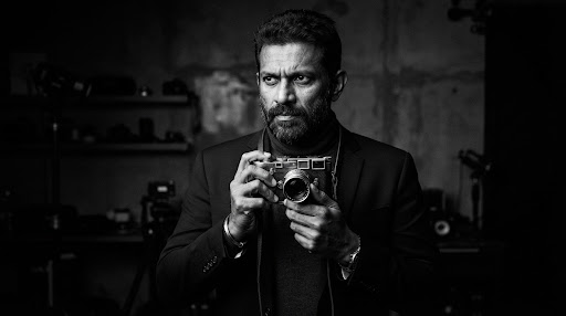 Black and white portrait of a professional photographer holding a vintage camera under dramatic studio lighting.